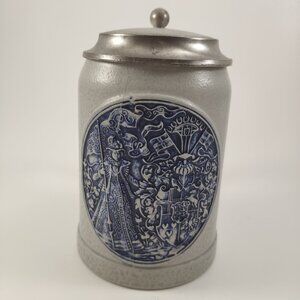 Gerz Salt Glaze Stein Relief Embossed Pottery with Pewter Lid Vtg W.Germany 6.5"